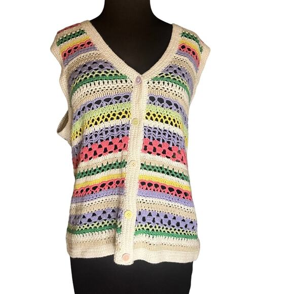 Vtg 90s Colorful Crochet Cottagecore Oversized Soft Girl Granny Sweater Vest S - Picture 1 of 5